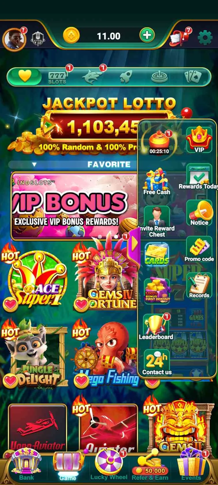 Yono Games home screen and game lobby