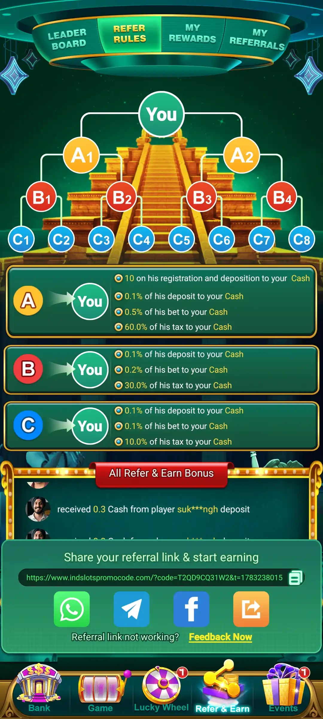 Yono Games account and referral screen