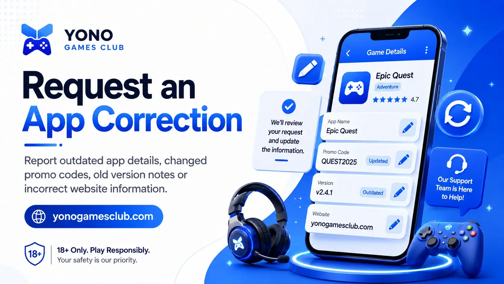 Request a Yono Games Club app information correction